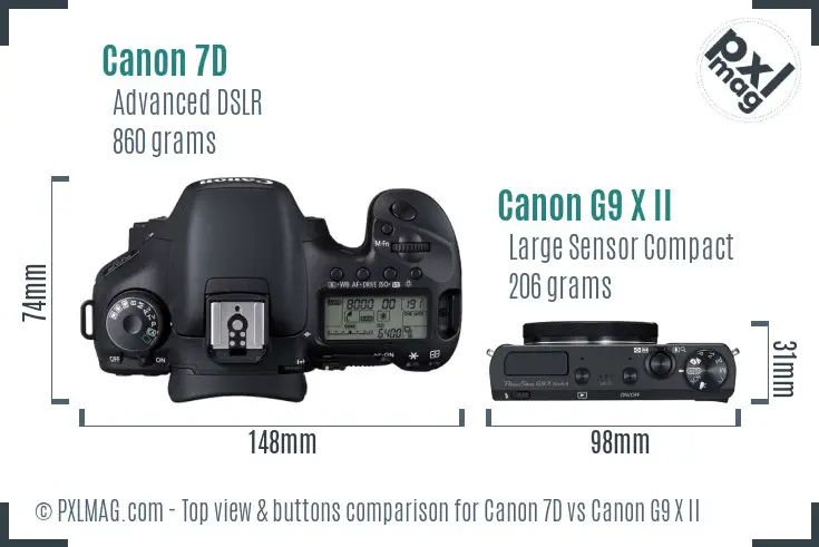 Canon 7D vs Canon G9 X II top view buttons comparison