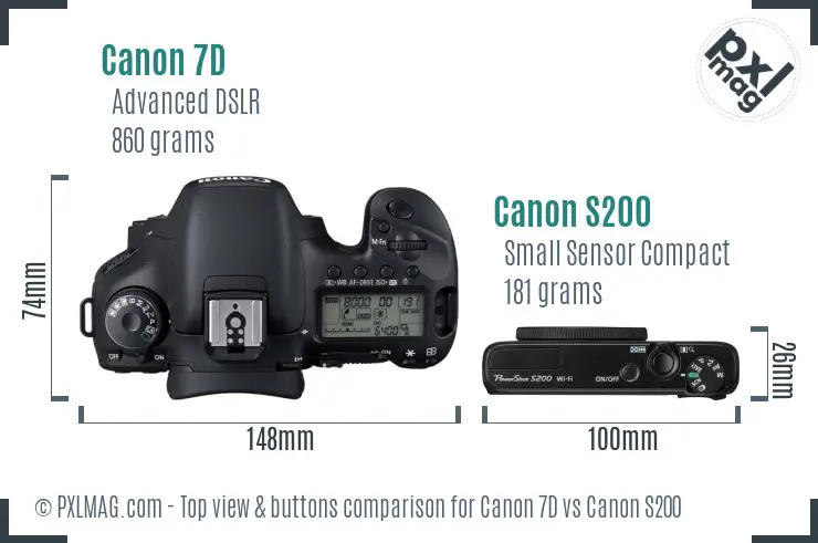 Canon 7D vs Canon S200 top view buttons comparison