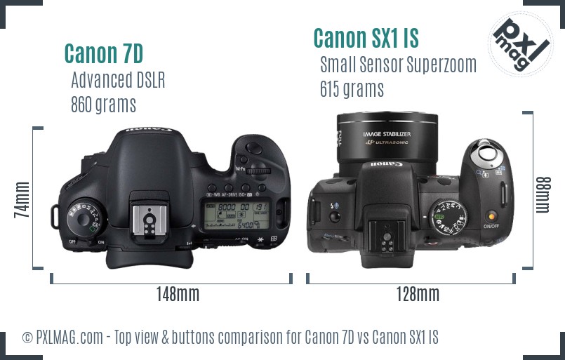 Canon 7D vs Canon SX1 IS top view buttons comparison