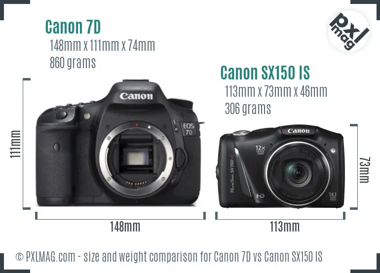 Canon 7D vs Canon SX150 IS size comparison
