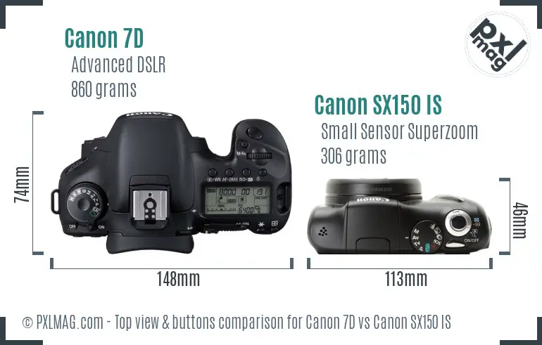 Canon 7D vs Canon SX150 IS top view buttons comparison