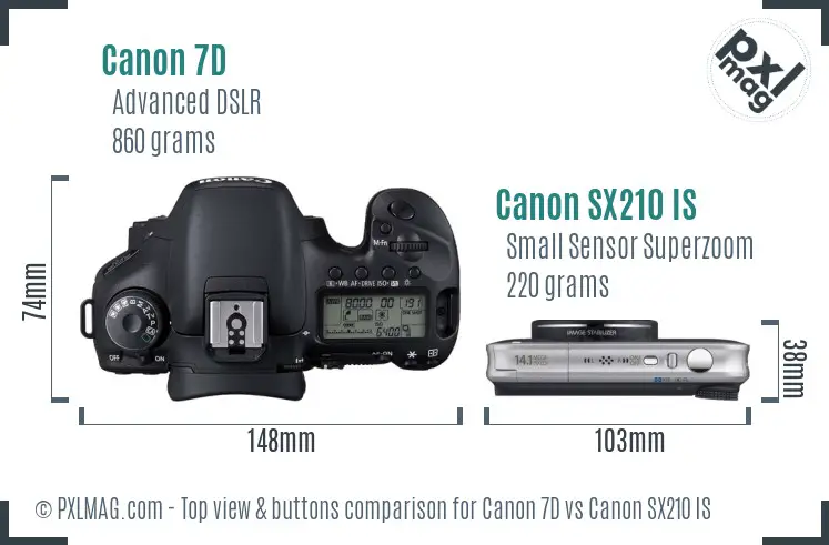 Canon 7D vs Canon SX210 IS top view buttons comparison Canon 7D vs Canon SX210 IS top view buttons comparison