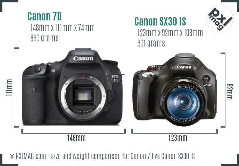 Canon 7D vs Canon SX30 IS size comparison