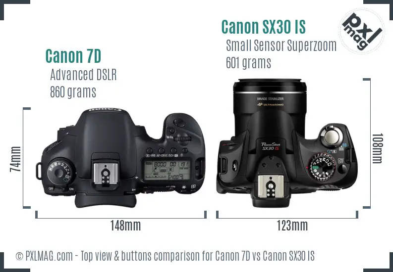 Canon 7D vs Canon SX30 IS top view buttons comparison