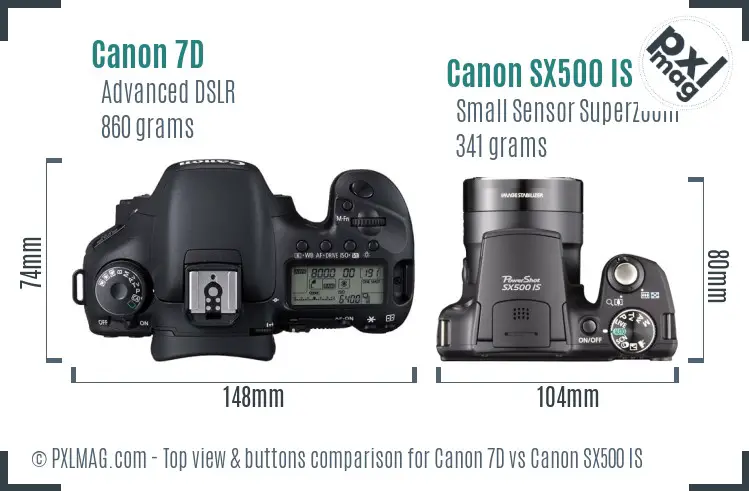 Canon 7D vs Canon SX500 IS top view buttons comparison Canon 7D vs Canon SX500 IS top view buttons comparison
