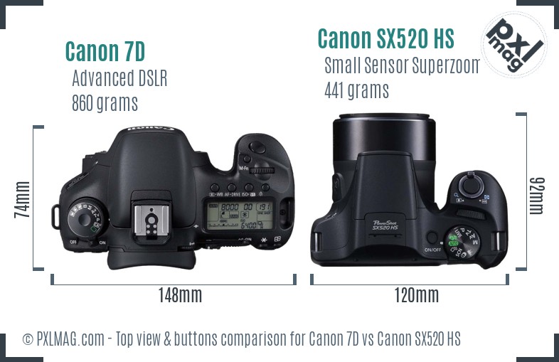 Canon 7D vs Canon SX520 HS top view buttons comparison