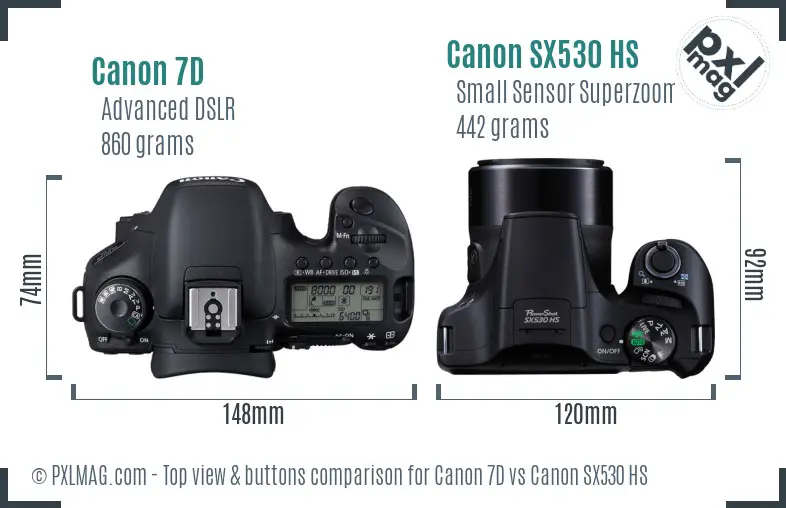 Canon 7D vs Canon SX530 HS top view buttons comparison Canon 7D vs Canon SX530 HS top view buttons comparison
