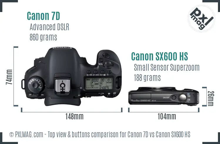 Canon 7D vs Canon SX600 HS top view buttons comparison