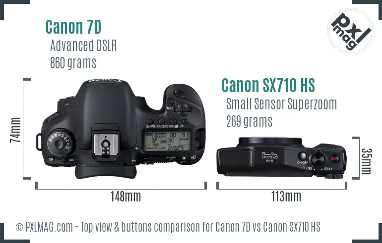 Canon 7D vs Canon SX710 HS top view buttons comparison