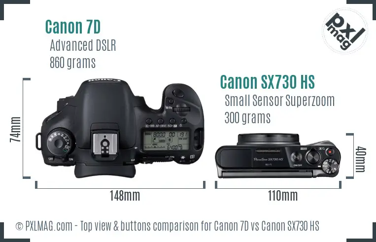 Canon 7D vs Canon SX730 HS top view buttons comparison Canon 7D vs Canon SX730 HS top view buttons comparison