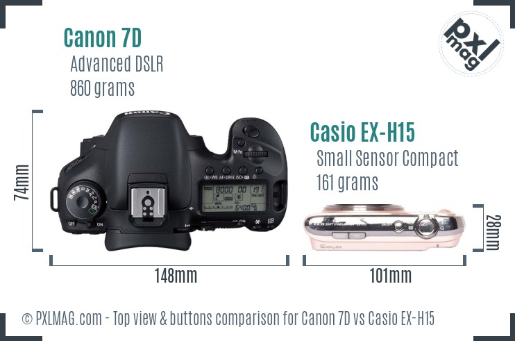 Canon 7D vs Casio EX-H15 top view buttons comparison