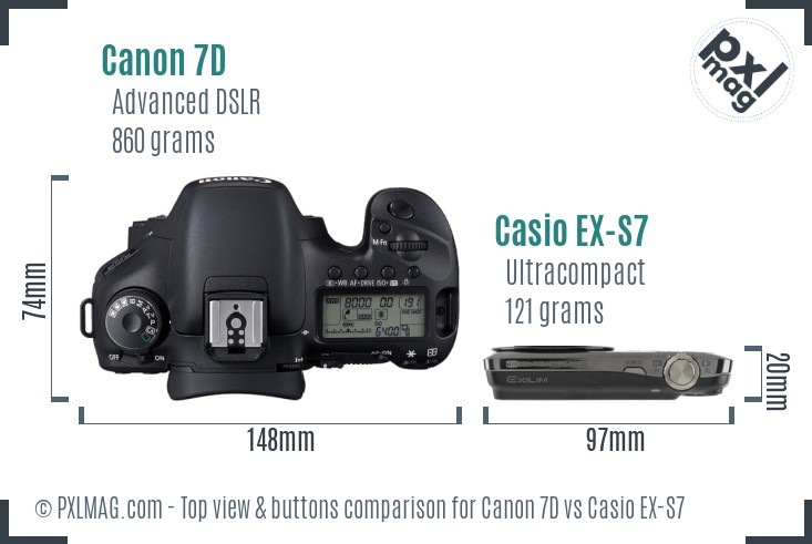 Canon 7D vs Casio EX-S7 top view buttons comparison