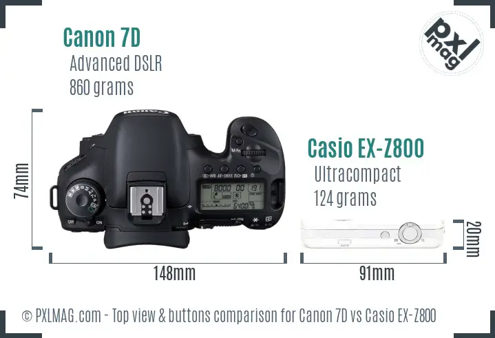 Canon 7D vs Casio EX-Z800 top view buttons comparison