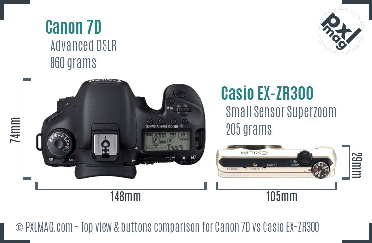 Canon 7D vs Casio EX-ZR300 top view buttons comparison