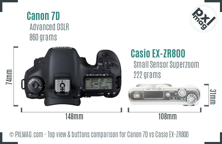 Canon 7D vs Casio EX-ZR800 top view buttons comparison Canon 7D vs Casio EX-ZR800 top view buttons comparison