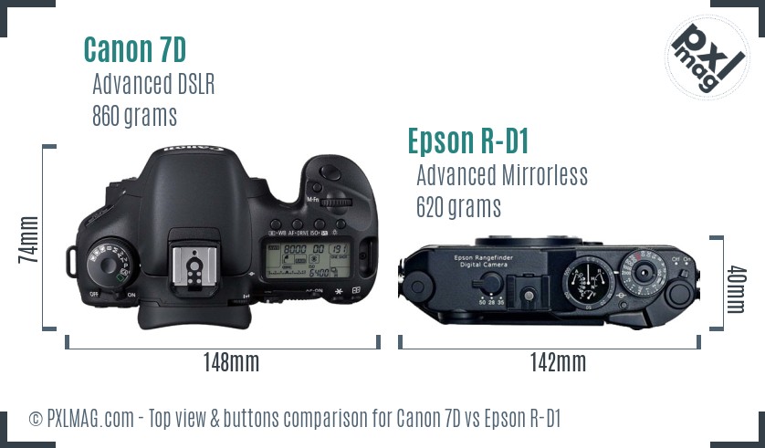 Canon 7D vs Epson R-D1 top view buttons comparison