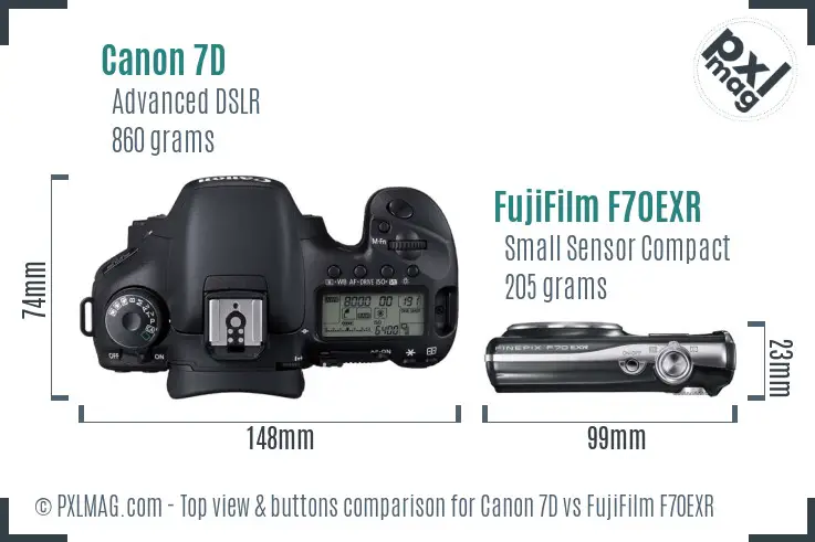 Canon 7D vs FujiFilm F70EXR top view buttons comparison Canon 7D vs FujiFilm F70EXR top view buttons comparison