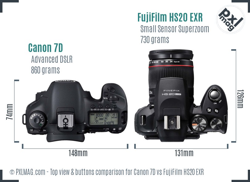 Canon 7D vs FujiFilm HS20 EXR top view buttons comparison