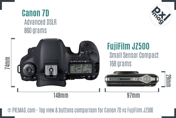 Canon 7D vs FujiFilm JZ500 top view buttons comparison