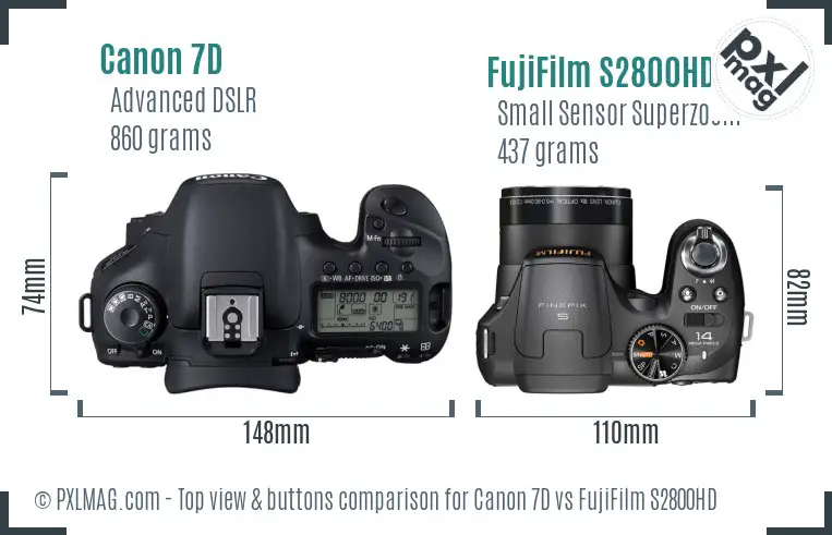 Canon 7D vs FujiFilm S2800HD top view buttons comparison