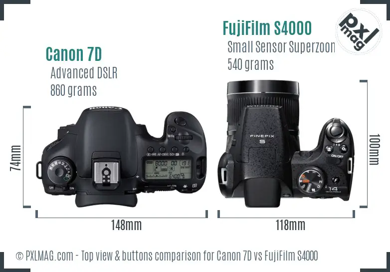 Canon 7D vs FujiFilm S4000 top view buttons comparison