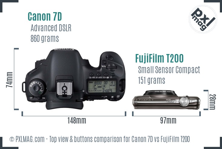 Canon 7D vs FujiFilm T200 top view buttons comparison