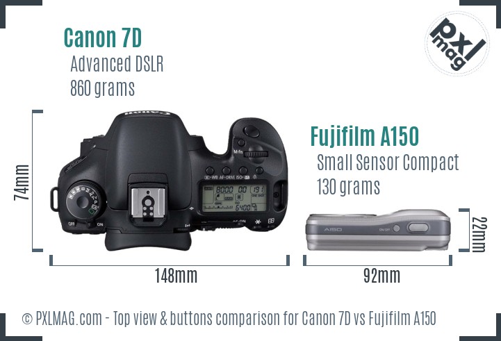 Canon 7D vs Fujifilm A150 top view buttons comparison