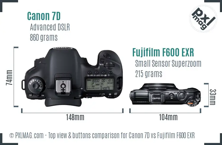 Canon 7D vs Fujifilm F600 EXR top view buttons comparison