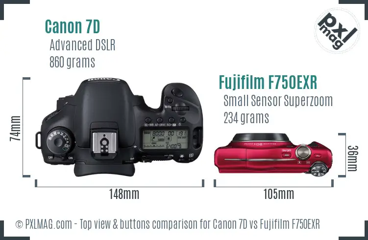 Canon 7D vs Fujifilm F750EXR top view buttons comparison