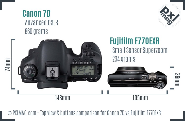 Canon 7D vs Fujifilm F770EXR top view buttons comparison