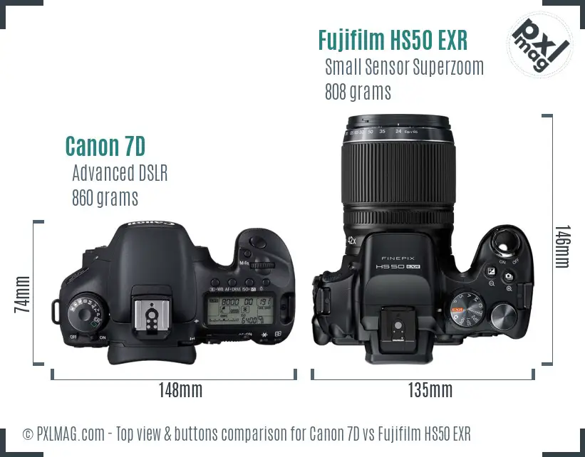 Canon 7D vs Fujifilm HS50 EXR top view buttons comparison