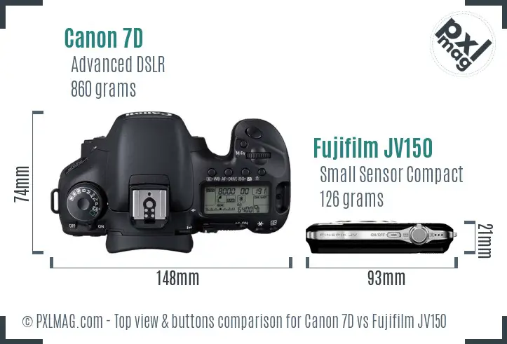 Canon 7D vs Fujifilm JV150 top view buttons comparison