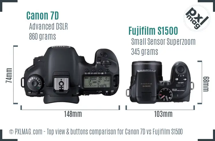 Canon 7D vs Fujifilm S1500 top view buttons comparison