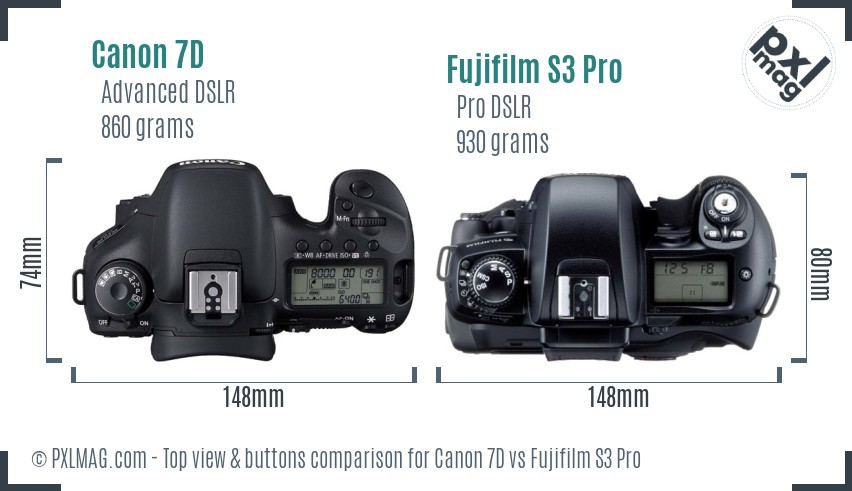 Canon 7D vs Fujifilm S3 Pro top view buttons comparison