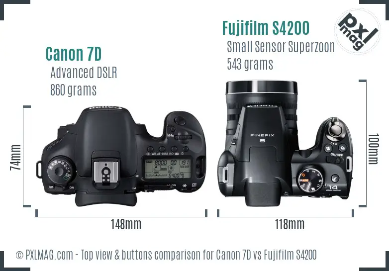 Canon 7D vs Fujifilm S4200 top view buttons comparison