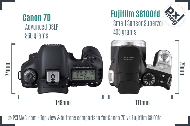 Canon 7D vs Fujifilm S8100fd top view buttons comparison