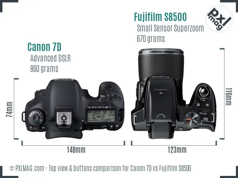 Canon 7D vs Fujifilm S8500 top view buttons comparison