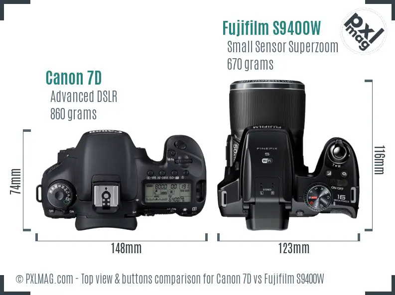 Canon 7D vs Fujifilm S9400W top view buttons comparison