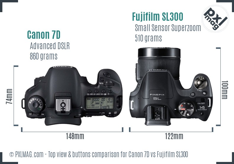 Canon 7D vs Fujifilm SL300 top view buttons comparison