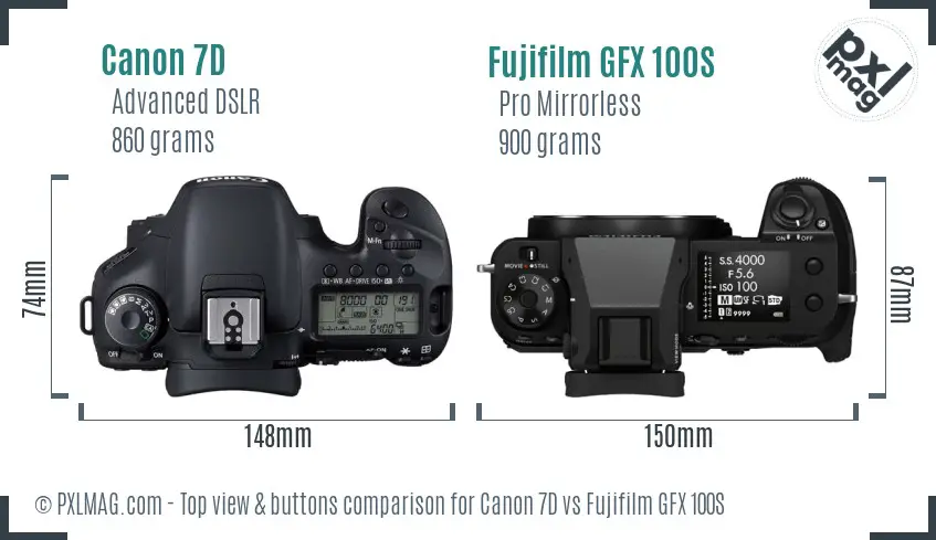 Canon 7D vs Fujifilm GFX 100S top view buttons comparison