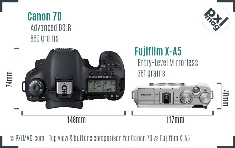 Canon 7D vs Fujifilm X-A5 top view buttons comparison