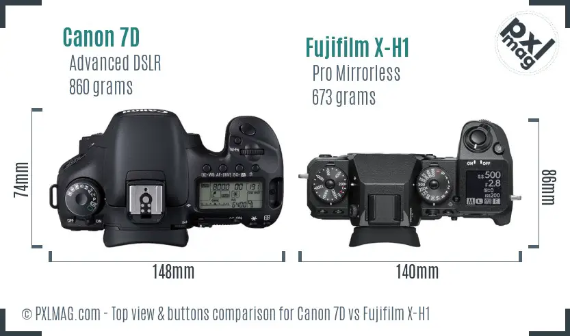 Canon 7D vs Fujifilm X-H1 top view buttons comparison