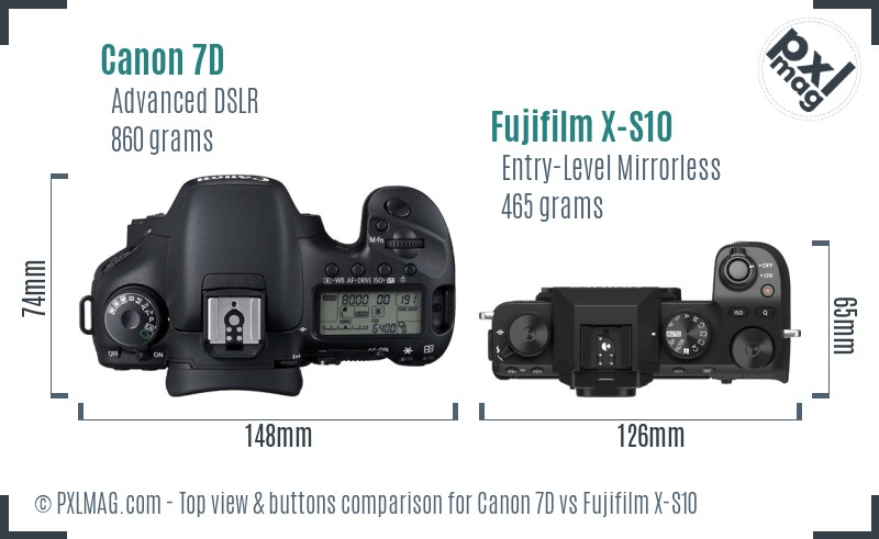 Canon 7D vs Fujifilm X-S10 top view buttons comparison