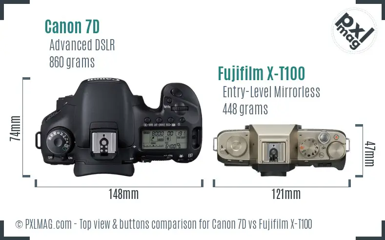 Canon 7D vs Fujifilm X-T100 top view buttons comparison Canon 7D vs Fujifilm X-T100 top view buttons comparison