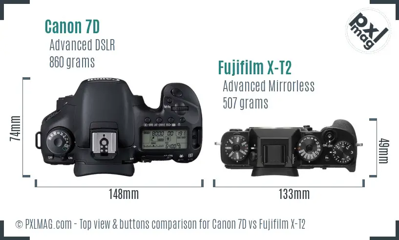 Canon 7D vs Fujifilm X-T2 top view buttons comparison Canon 7D vs Fujifilm X-T2 top view buttons comparison