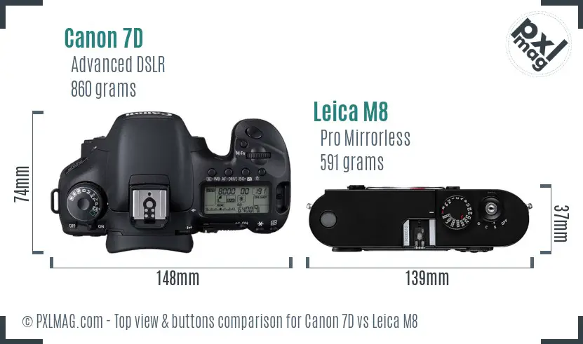 Canon 7D vs Leica M8 top view buttons comparison Canon 7D vs Leica M8 top view buttons comparison