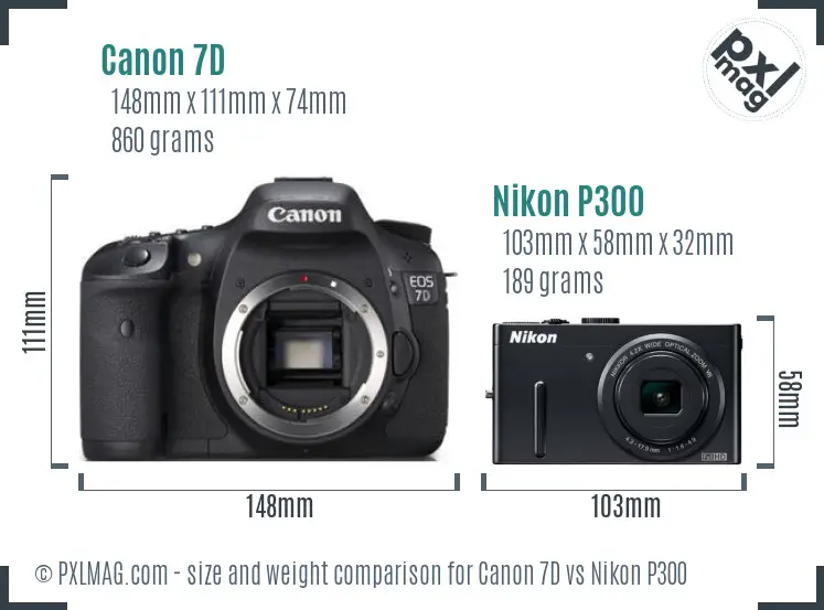Canon 7D vs Nikon P300 size comparison