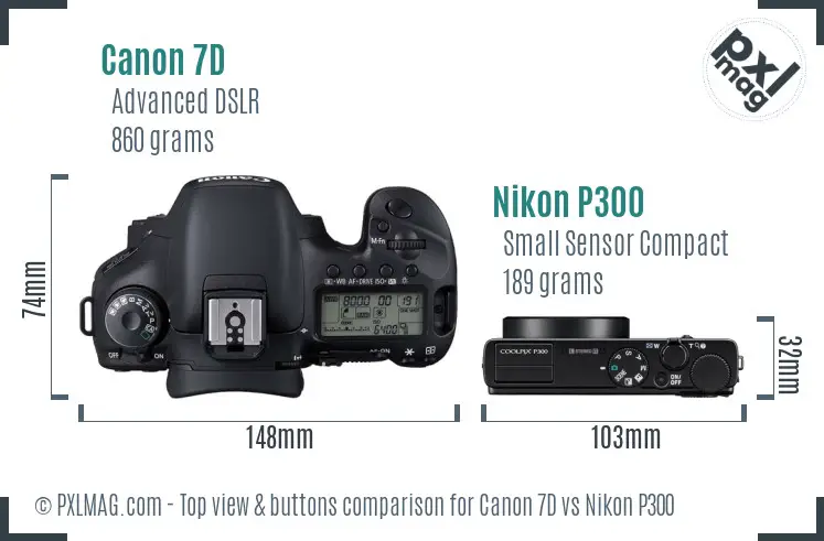 Canon 7D vs Nikon P300 top view buttons comparison