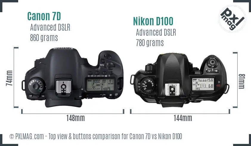 Canon 7D vs Nikon D100 top view buttons comparison