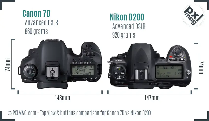 Canon 7D vs Nikon D200 top view buttons comparison